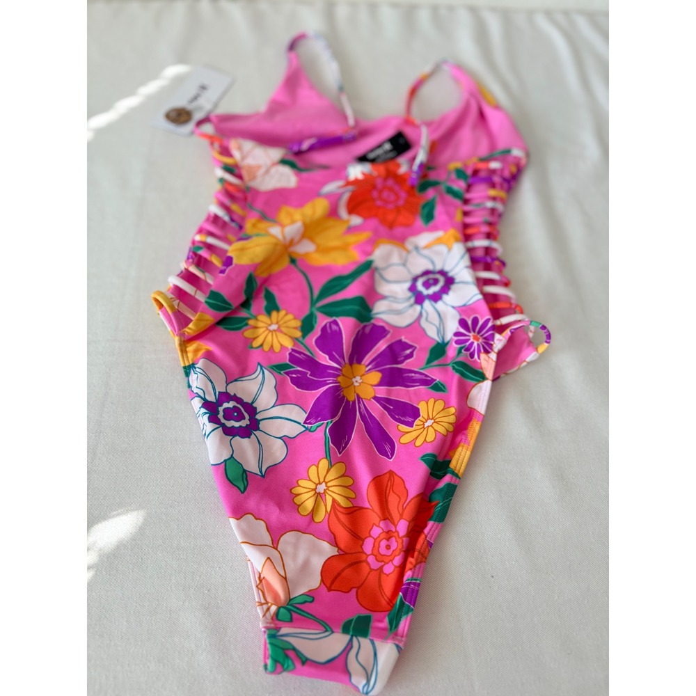 Hurley Daisy Delight Mod One Piece Swimsuit Pink Floral Side Cutout Size M - Picture 9 of 12